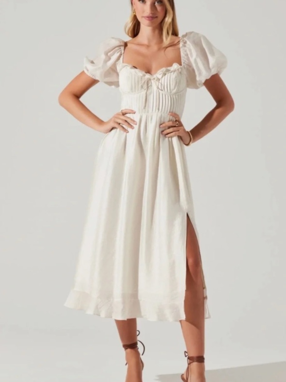 Astr White Puff-Sleeve Midi Dress with Sweetheart Neckline